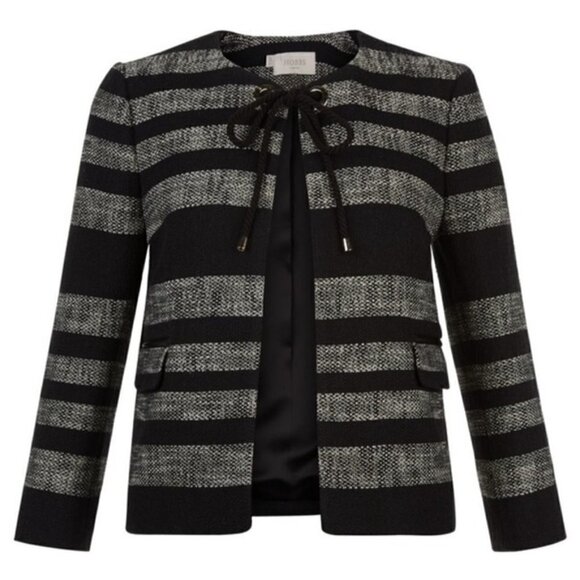 Hobbs Tulisa Cropped Jacket Black Grey Graduated Stripe Rope Grommet Tie US 8 - Picture 1 of 12